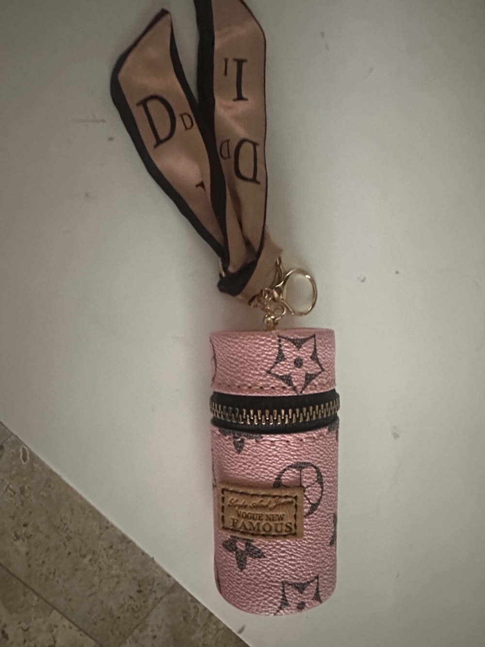 Pink Monogram Lipstick Case Keychain with Scarf Strap